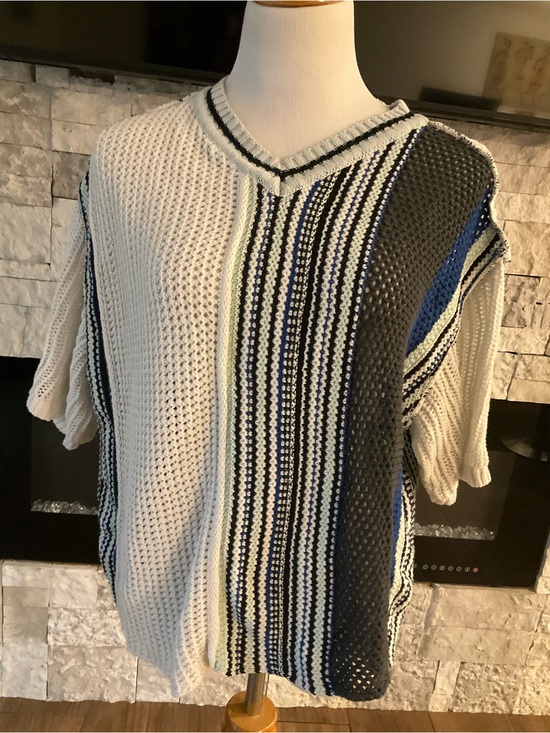 BDG Sweaters - BDG Cream V-Neck Sweater with Blue and Gray Stripes